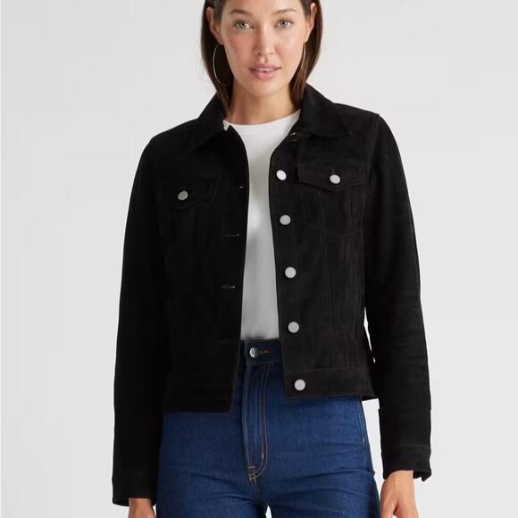 Quince Wm’s Suede Trucker Jacket Sz S Black Cropped New with tags - Picture 9 of 9